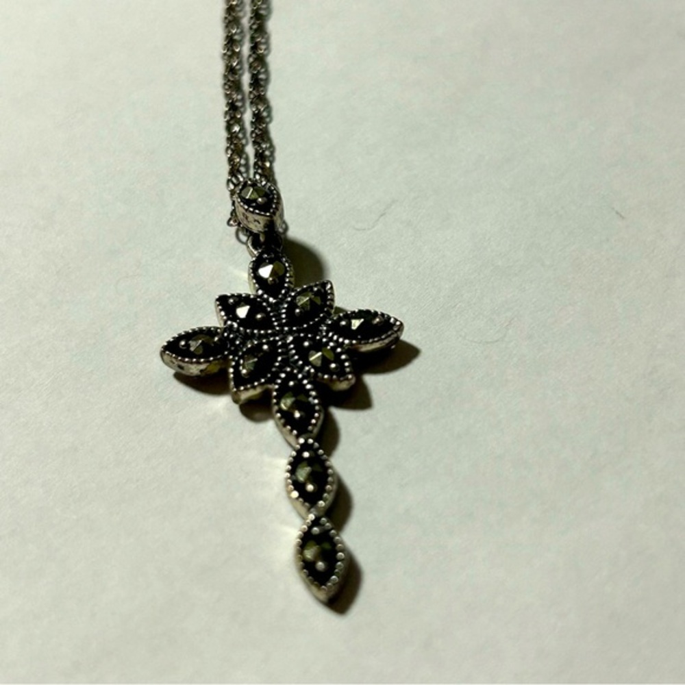 Sterling Silver & Marcasite Cross Pendant Necklace